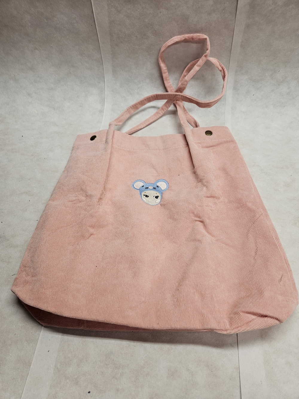 Pink Corduroy Tote Bag with Embroidered Sonny Angel Character